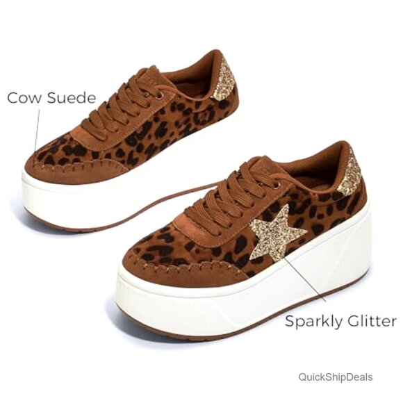Platform Chunky Sneakers with Glitter Stars, Wedge Walking Shoes, Thick Sole - Picture 4 of 7